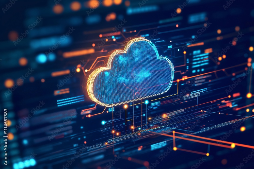 Digital cloud glowing on a dark circuit board is processing data in a visualization of cloud computing Digital cloud glowing on a dark circuit board is processing data in a visualization of cloud computing