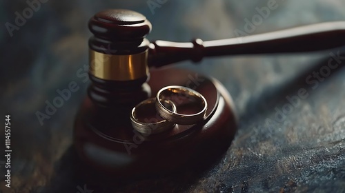 Judge gavel striking down wedding rings symbolizing divorce