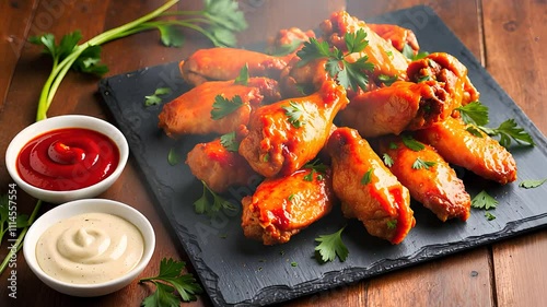 Delicious spicy chicken wings served on slate plate with dipping sauces

 photo