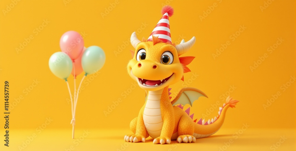 Fototapeta premium Happy Cartoon Dragon Celebrating Birthday with Colorful Balloons