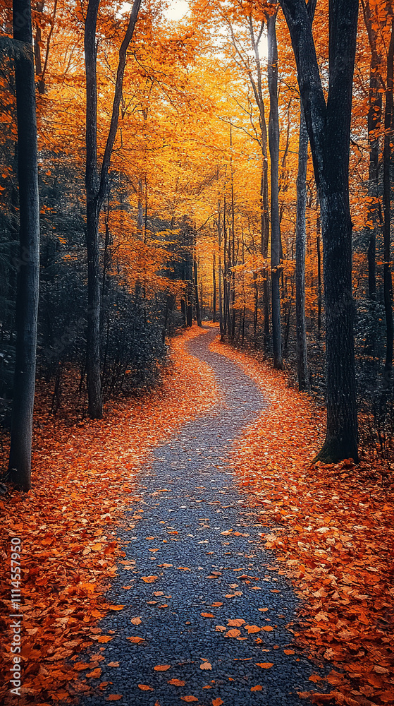 Fototapeta premium A serene forest path lined with tall trees adorned in vibrant autumn foliage, primarily in shades of orange and yellow.
