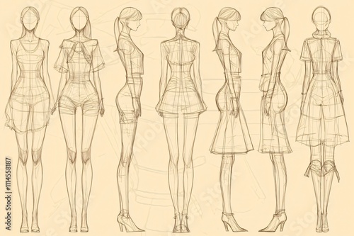 Fashion designer is using a pencil to sketch various poses of a female body template on a beige background