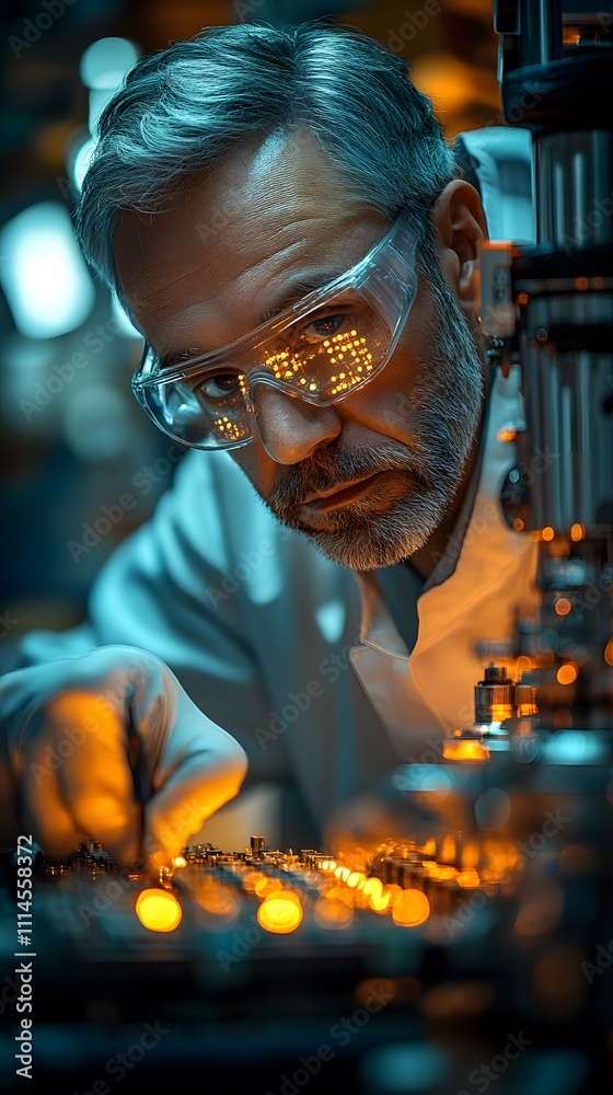 Naklejka premium a thoughtful middle-aged engineer monitors and analyzes conditions in a modern electronics factory with an automated robot working with the help of artificial intelligence software. 