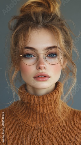 Wallpaper Mural A young woman with long, wavy hair and glasses poses indoors, wearing a warm, orange turtleneck sweater. She exudes a calm and confident expression against a neutral background. Generative AI Torontodigital.ca