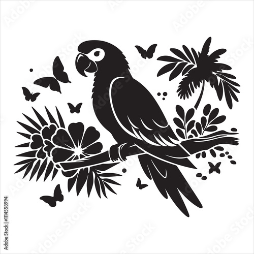 Create simple, bold-lined, black silhouette drawings of scary Halloween parrots participating in a variety of activities on a white backdrop. 