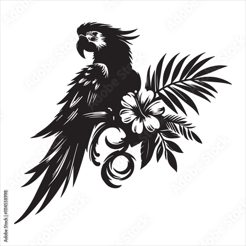 An illustration of a parrot with flowers and leaves in black and white