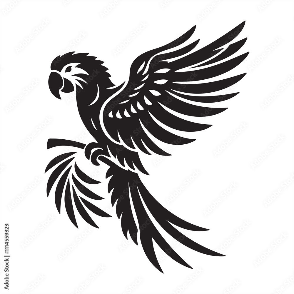 Fototapeta premium A single-line, black-shaded macaw with a white backdrop