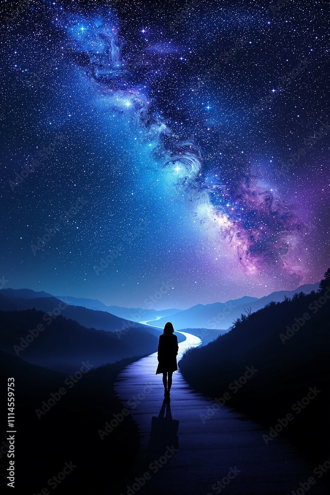 Fototapeta premium Woman Silhouette Under a Starry Night Sky with Cosmic and Galactic Elements