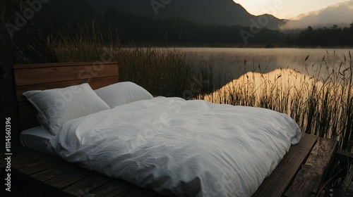 Serene bed by a tranquil lake at dawn, surrounded by nature's beauty.