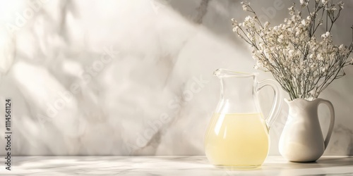 Traditional French pastis with a water jug on a marble background, text area, front view.
