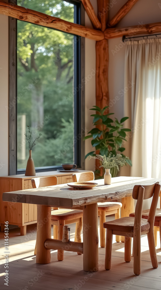 Obraz premium rustic wooden dining set sunlit room