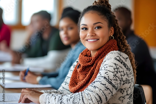 A happy woman sitting at a table participates in an educational workshop at a shelter. Surrounded by focused attendees, she is taking notes, showing interest in the session led by a dedicated voluntee photo