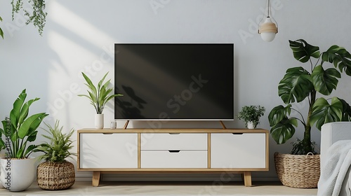A television is on a wooden entertainment center with a plant on the left side