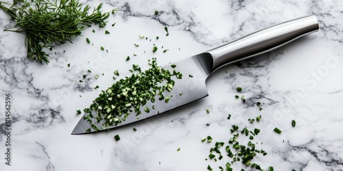 Mezzaluna knife with chopped herbs, marble background, ample space for text, front view. photo