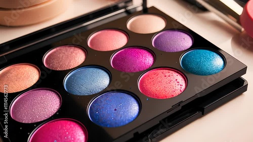 Vibrant makeup palette with colorful eyeshadows in a professional setup

 photo