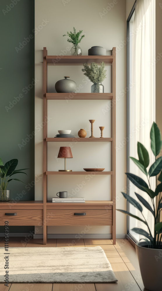 Fototapeta premium wooden shelf displays a curated collection home decor items.