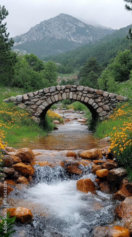 Stone bridge over a serene stream. Stone bridge over a serene stream.
