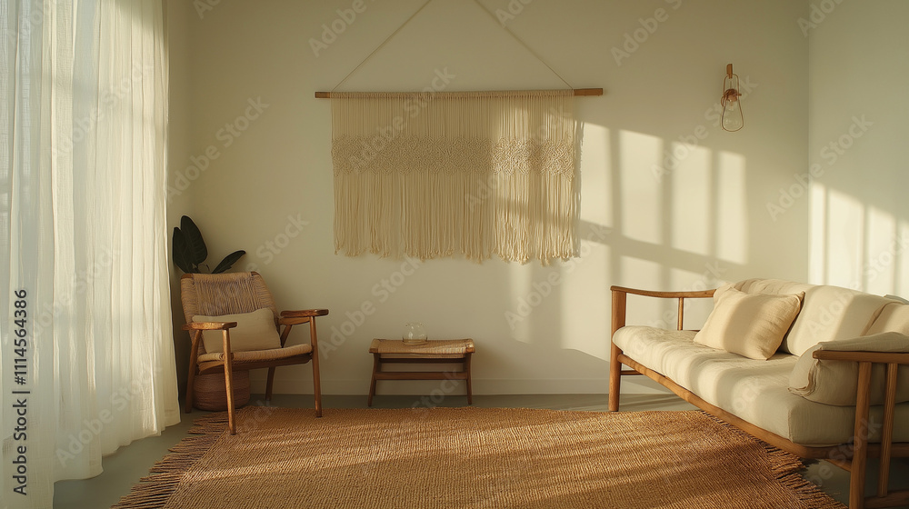 Fototapeta premium A medium shot of a living room showcasing a handcrafted macramé wall hanging, paired with a handwoven jute rug, during soft