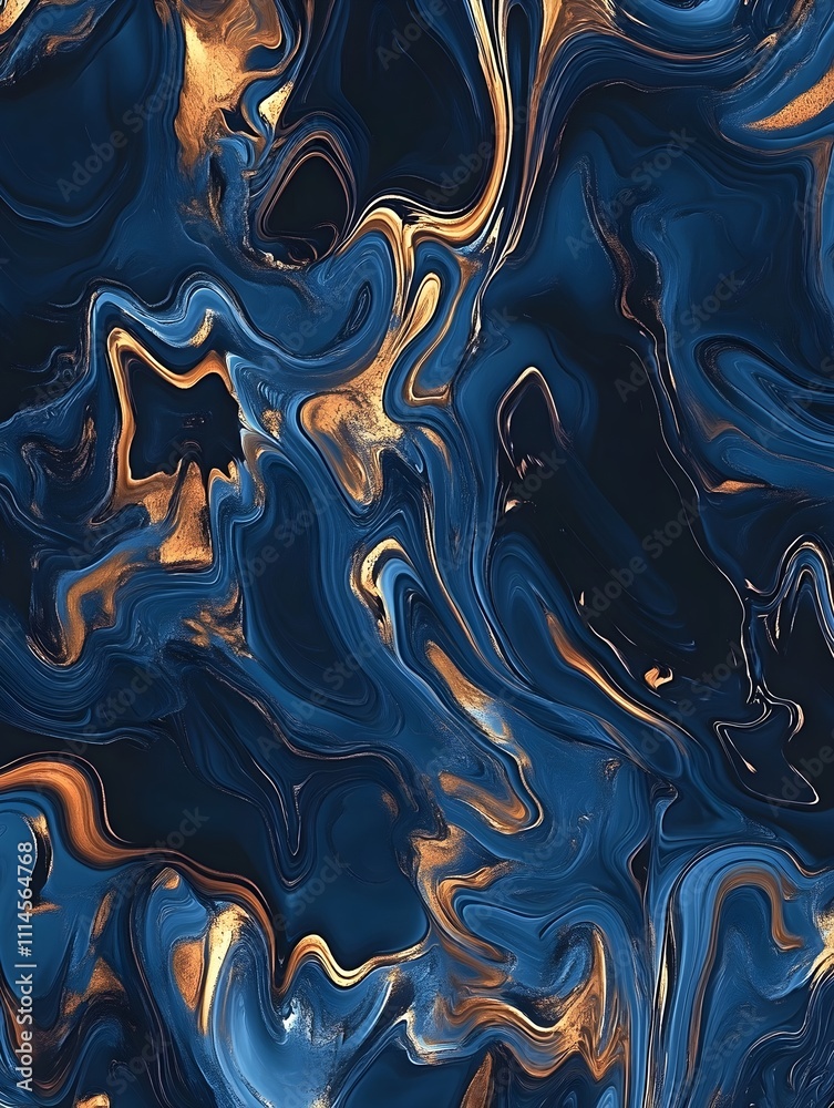 Obraz premium A complex abstract background with fractal patterns in deep blues and golds, creating a hypnotic visual effect.