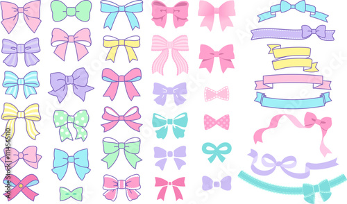 ポップでかわいいカラフルなベクターリボンイラストとフレームの素材セット