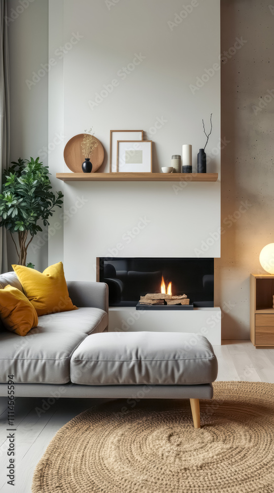 Fototapeta premium modern living room with gray sectional sofa minimalist fireplace