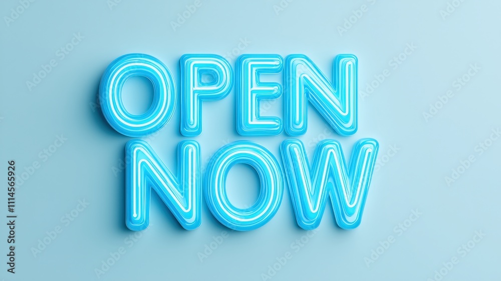 Open now concepts. Bright neon sign displaying the words Open now concepts. Bright neon sign displaying the words