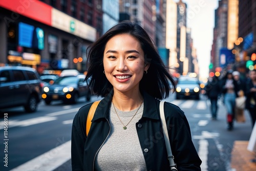 Young Woman Strolling in Vibrant City Street 