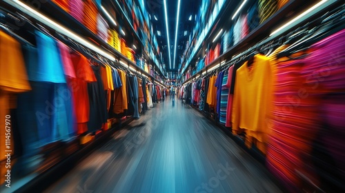 Fashion boutique with racks of clothes and Black Friday discounts, stylish shoppers browsing, vibrant retail energy photo