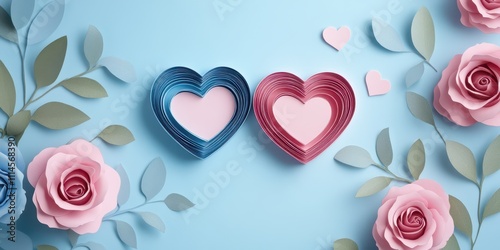 Paper-cut hearts layered in blue and pink, surrounded by delicate leaves and roses on a minimal background.