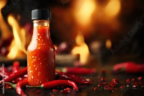 Spicy Chili Sauce Bottle With Fresh Red Chilies photo