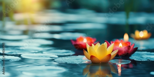 Floating diyas with lotus flowers on a serene water background, ample text space. photo