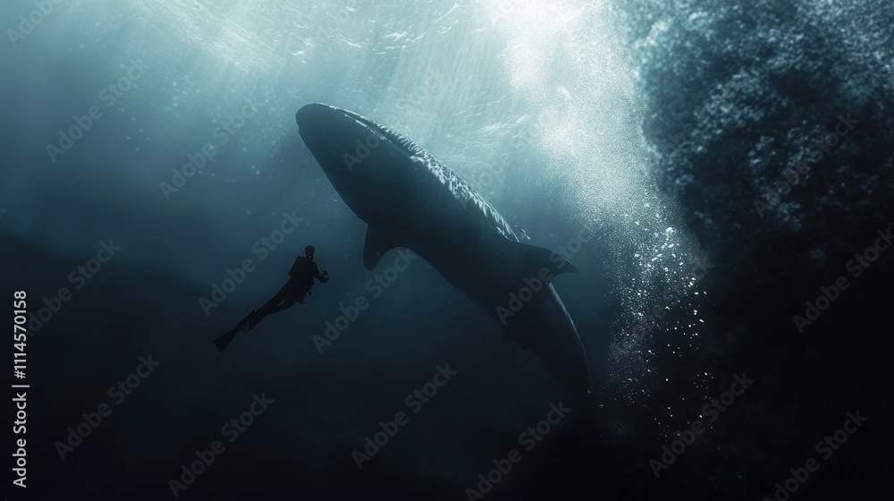 Fototapeta premium Diver encounters a massive whale shark in deep ocean.