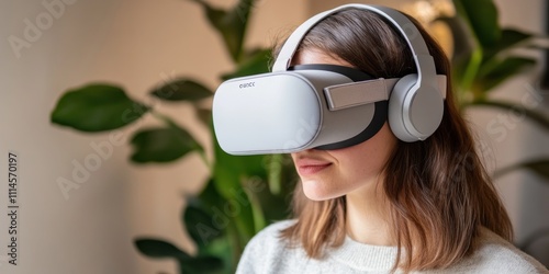 Woman wearing a Meta Quest 2 virtual reality headset