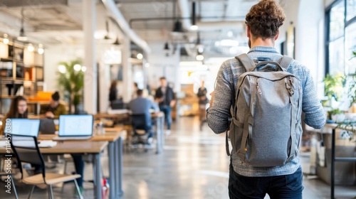 Nomad Walking Through Bright Modern Co-Working Space