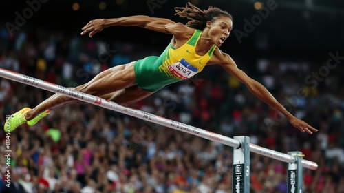 Brazilian athlete performs remarkable jump during international track and field competition in a vibrant stadium setting