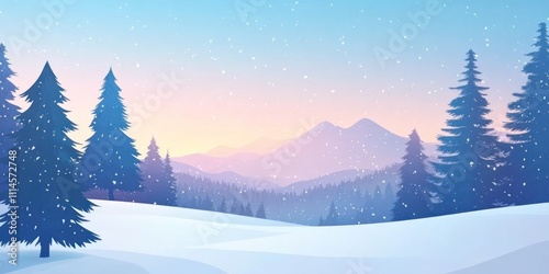 Serene Winter Landscape With Snow Falling Softly On Mountains