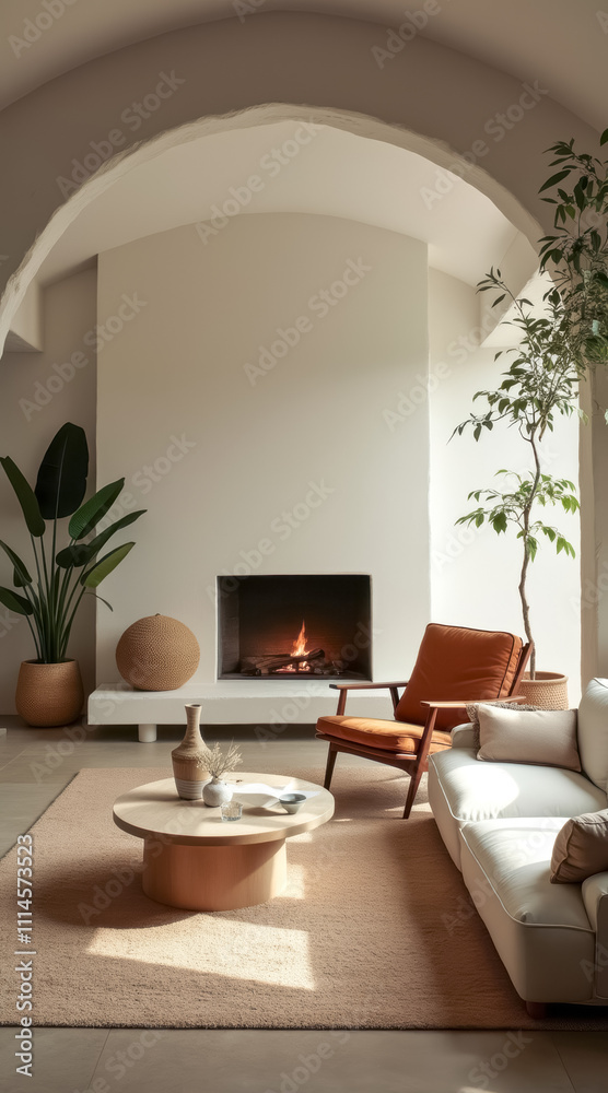 Fototapeta premium minimalist living room with fireplace neutral decor