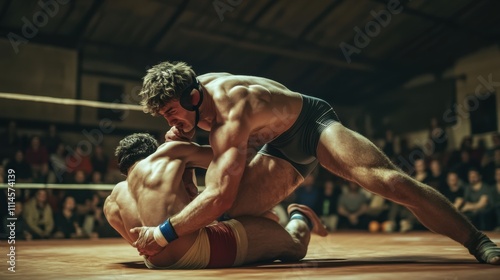 Intense wrestling match unfolds in a dimly lit gym filled with spectators