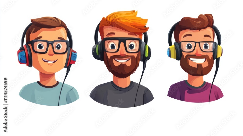 Three Smiling Men Wearing Headphones and Glasses Three Smiling Men Wearing Headphones and Glasses