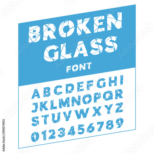 Font made of shards. Pieces of crushed ice uppercase letters or numbers. Broken alphabet. Typography typeface. Shattered lettering symbols. Stylized cracked alphabetical icons vector set