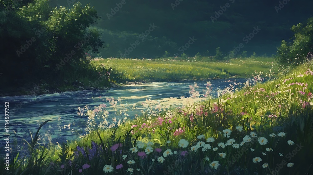 Obraz premium Serene River Scene With Lush Meadows And Wildflowers