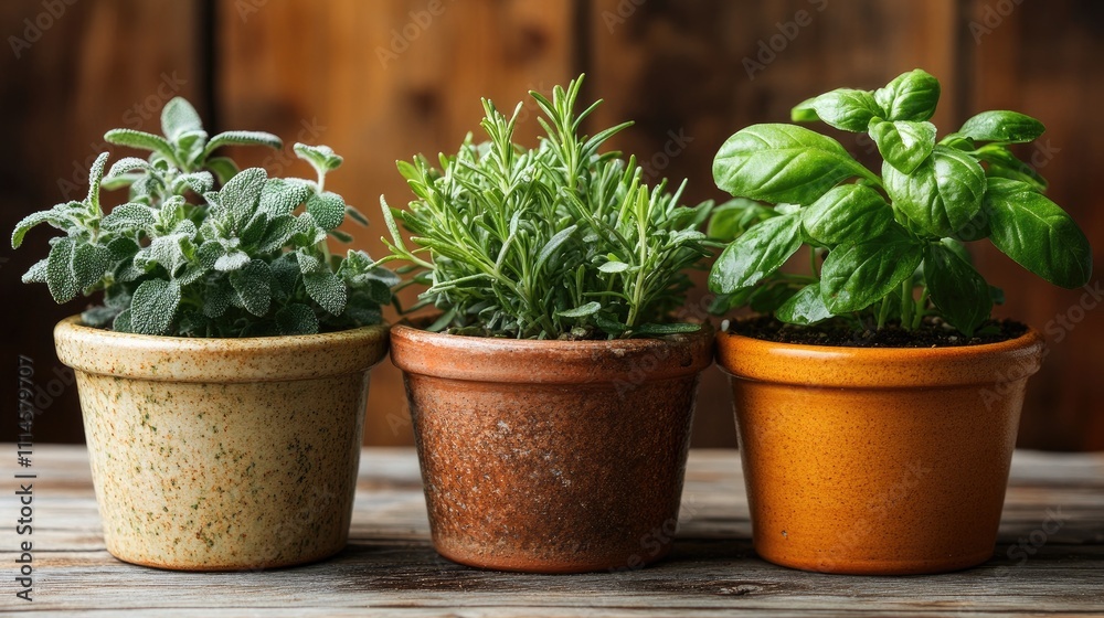 Fototapeta premium Fresh herbs growing in terracotta pots on rustic wooden table