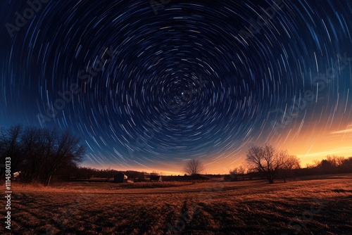 Star trails rotating around polaris over a farm at twilight