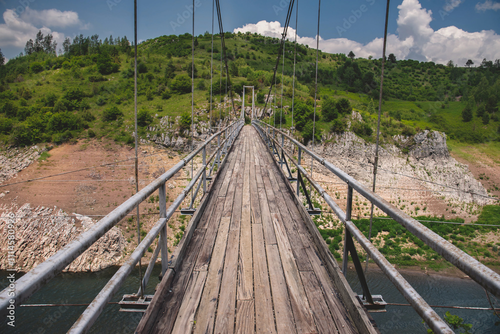 Suspension Hanging Wooden Bridge across Uvac River