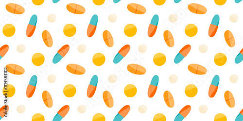 Seamless pattern with pills and capsules on white background. Medicine or dietary supplements. Healthy lifestyle. Design for clinics, hospitals, pharmacies, etc.