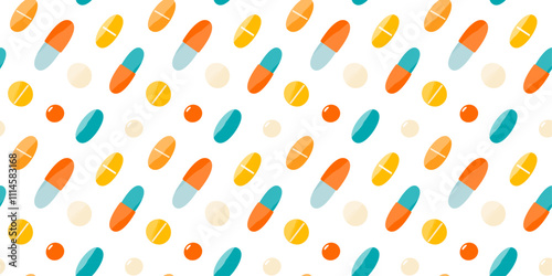 Seamless pattern with pills and capsules on white background. Medicine or dietary supplements. Healthy lifestyle. Design for clinics, hospitals, pharmacies, etc.