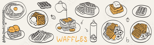 Morning breakfast food menu design. Breakfast and brunch dishes with Belgian waffles and fruits collection for posters, cafe or restaurant menu. Vintage hand drawn doodle sketch vector illustration. photo