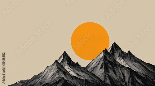 Stylized mountain landscape with a large orange sun.