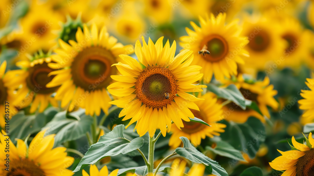 Fototapeta premium A field full of sunflowers stretches under the bright summer sun, with bees busily collecting nectar from the vibrant yellow blossoms swaying gently in the breeze