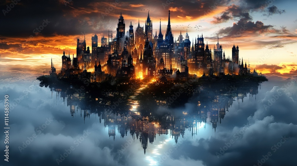 Fototapeta premium Floating city above a mist-covered meadow, buildings made of crystal and light, a luminous river flowing through the clouds